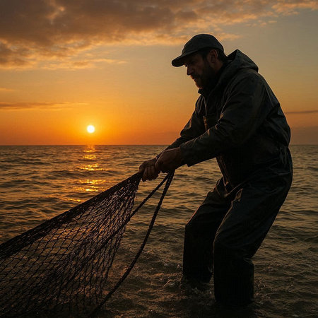 Fisherman with a fishing net in the sea at sunset.