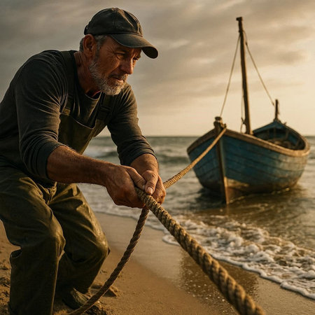 Portrait of senior man with fishing boat on the beach at sunset