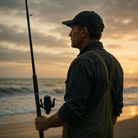 Senior man fishing on the beach at sunset, back view, silhouette