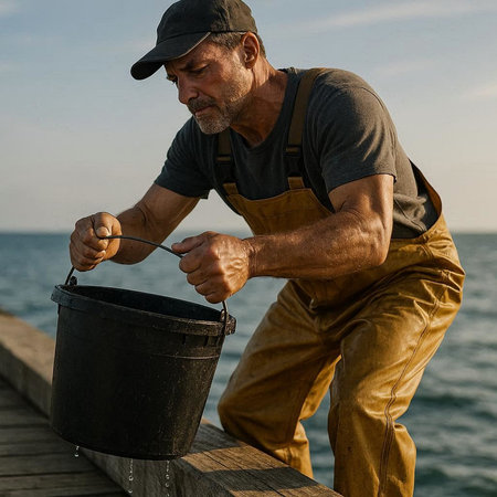 Fisherman on a wooden pier with a bucket of catch fish