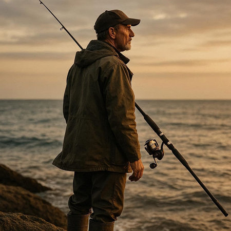 Senior man fishing with rod on a rock by the sea at sunset