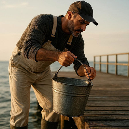 Fisherman holding a bucket of water on a wooden pier.
