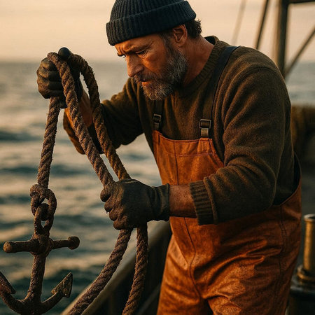 Mature seaman standingof sailing vessel and looking at sea
