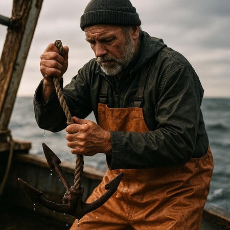 An old man is holding an anchor in his hand on the deck of a fishing boat.