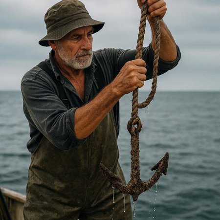 Senior Fisherman on a boat holding an anchor in his hand.