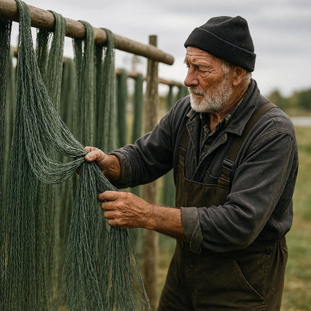 Old farmer working in the field, he is holding a fishing net