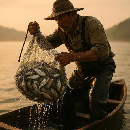 Fisherman in boat with catch of fish on the lake.