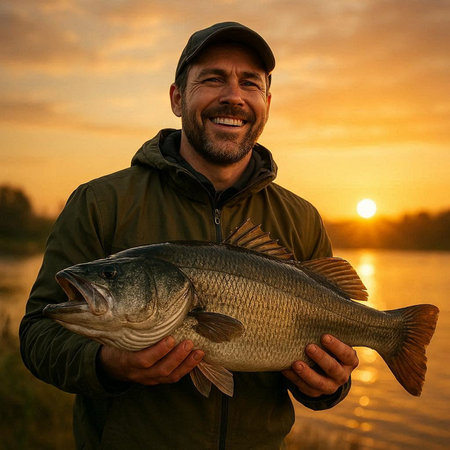 Happy fisherman holding big fish in his hands at sunset on the river