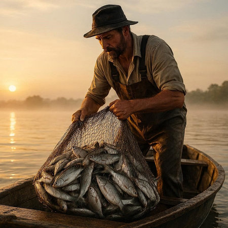 Fisherman in a boat on the Mekong river at sunset