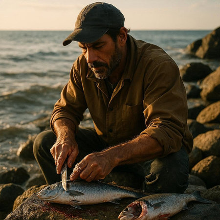 Fisherman with a freshly caught fish on the seashore