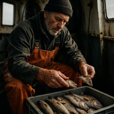 Fisherman in an orange apron and hat holds freshly caught fish in his hands.