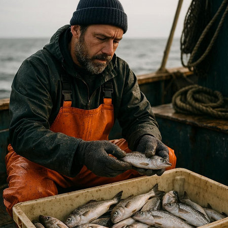 Fisherman with catch of seabass on fishing boat.