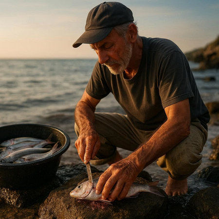 Senior man fishing on the seashore at sunset, wearing a cap