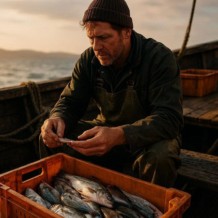 Fisherman with catch of tuna fish on fishing boat at sunset