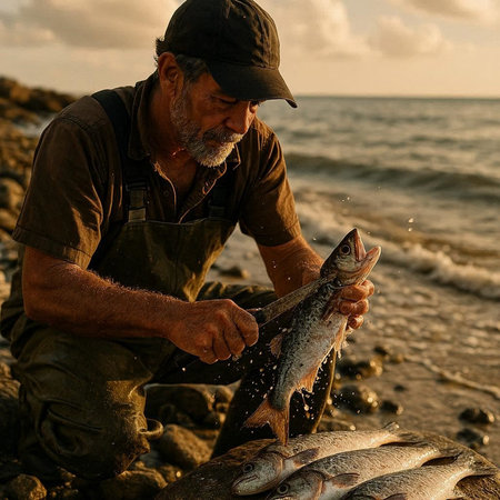 Fisherman with freshly caught rainbow trout on the seashoreの写真素材