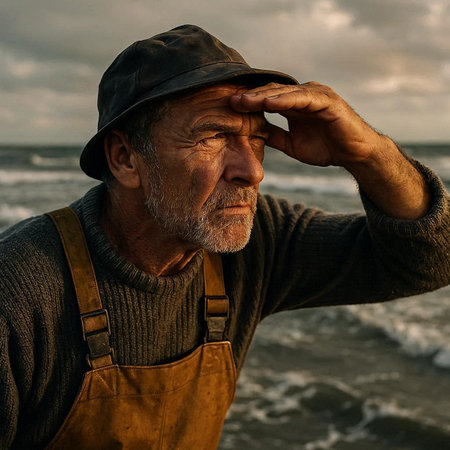 Portrait of an old man in a cap on the beach.