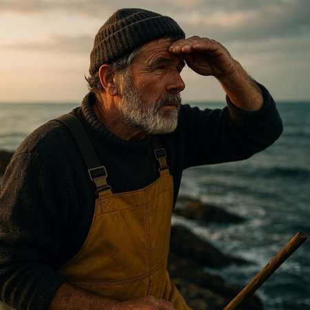 Portrait of an old man on the seashore at sunset