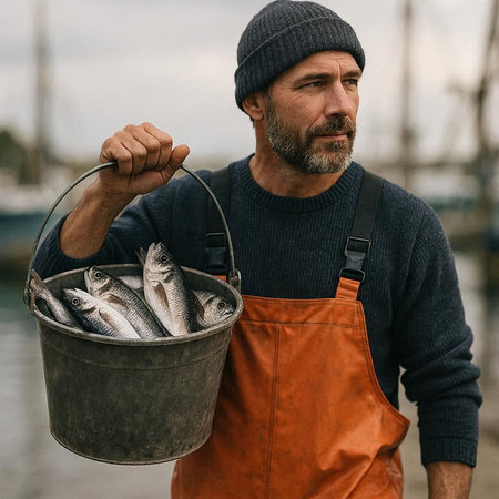 Portrait of a fisherman holding a bucket of fresh fish on the pier.