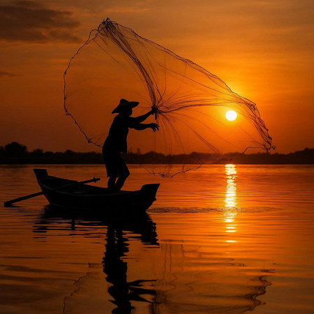 Fisherman at sunset in the Mekong Delta, Vietnam.の写真素材