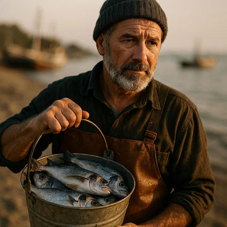 Portrait of a senior fisherman holding a bucket of freshly caught sea bass.