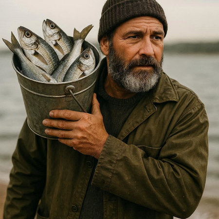 Portrait of an old fisherman with a bucket of freshly caught fish