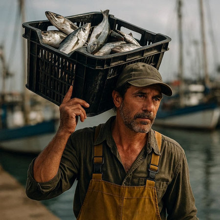 Fisherman with a basket of fresh fish in the port.