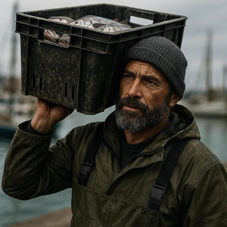 Portrait of a fisherman with a bucket of fish in his hands