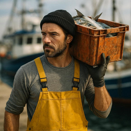 Portrait of a fisherman with a bucket of fish on a fishing boat