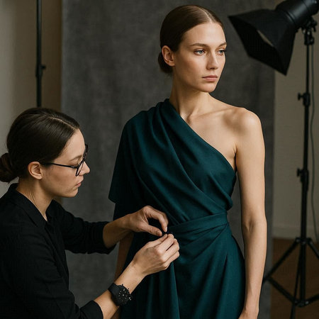 beautiful young woman in black dress looking at camera while stylist working in studioの写真素材