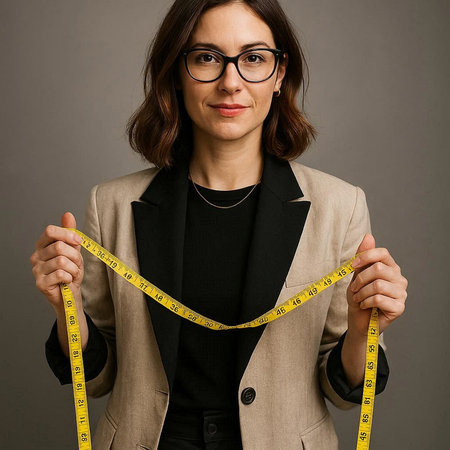 Portrait of a businesswoman with a measuring tape on a gray background