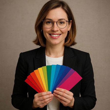 Portrait of a smiling businesswoman holding a color chart in her hands