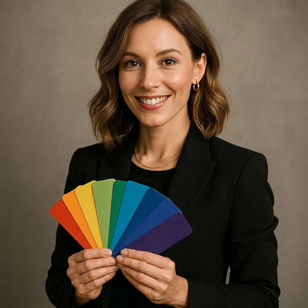 Portrait of a smiling businesswoman holding a color palette over gray background