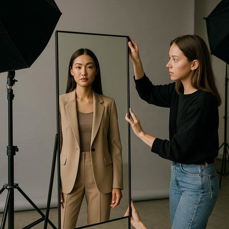 attractive asian woman looking at camera in photostudio