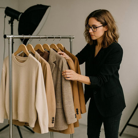 beautiful young stylist in eyeglasses working with clothes in studio