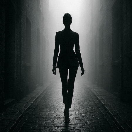 Mysterious silhouette of a woman walking in a foggy alleyの写真素材