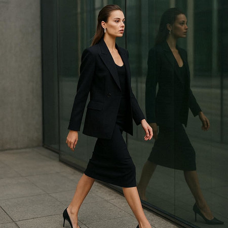Fashionable woman in a black suit and high heels walking in the cityの写真素材