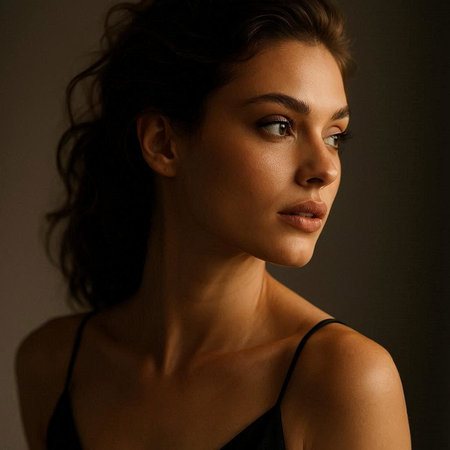 Portrait of a beautiful young woman in black lingerie looking away