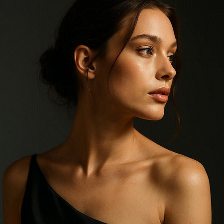 Fashion portrait of young beautiful brunette woman. Studio shot.
