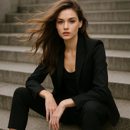 Portrait of a beautiful young brunette woman in a black jacket and black trousers.