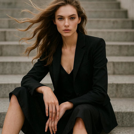 fashion outdoor photo of beautiful woman with dark hair in elegant clothes and accessories posing on...