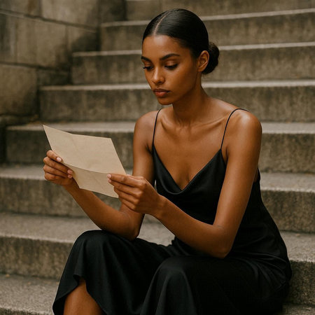 Beautiful african american woman in black dress sitting on stairs and reading newspaper
