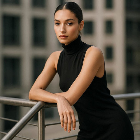 Portrait of a beautiful young woman in a black dress in the city