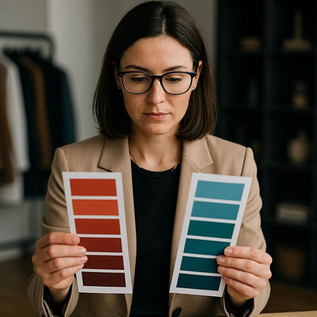 selective focus of businesswoman in eyeglasses holding color palette in officeの写真素材
