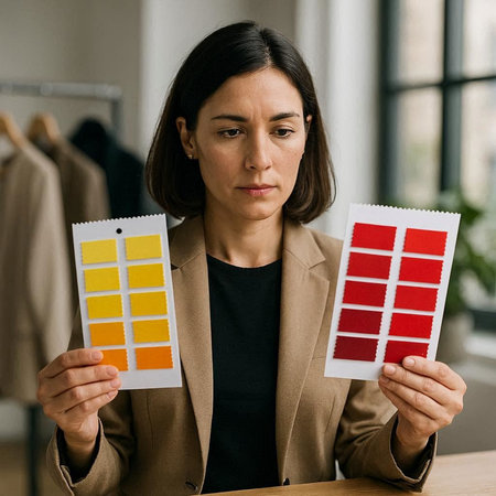 portrait of attractive young fashion designer holding color palette samples in office