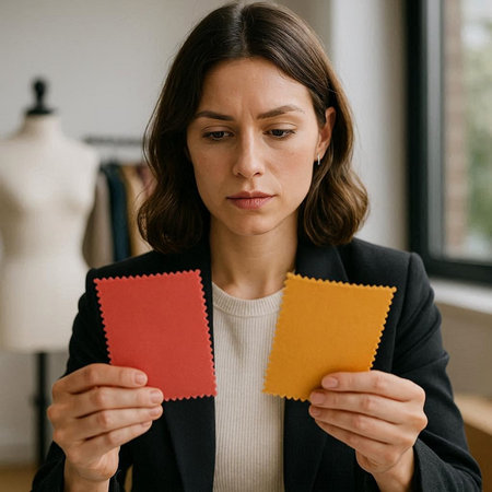 Closeup portrait of a serious young fashion designer looking at camera while holding blank card