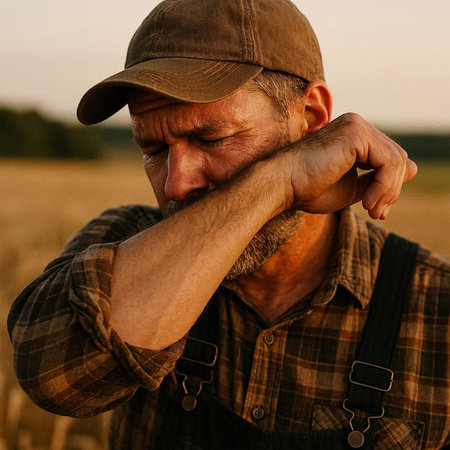 Farmer in a cap and checkered shirt on a wheat field.