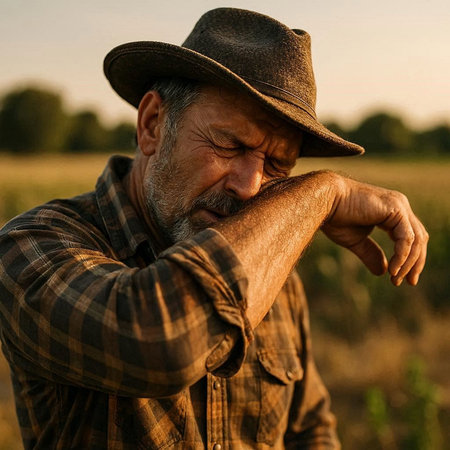 Farmer in hat and plaid shirt standing in field and looking down