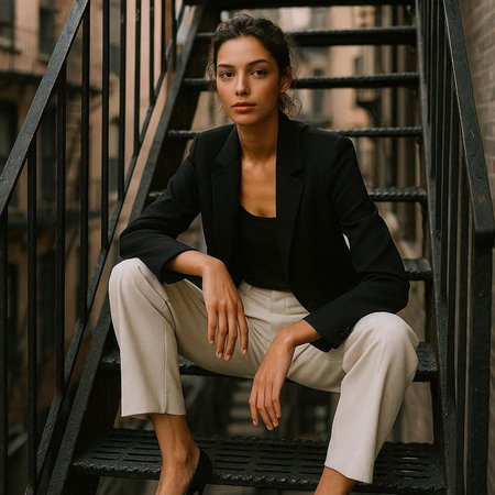 Portrait of a beautiful young brunette woman in a black jacket and beige pants, sitting on the...