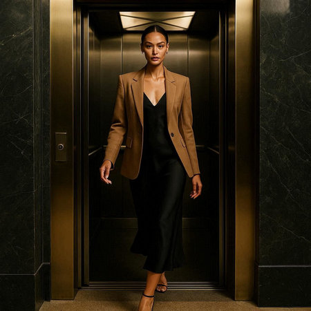 Fashionable woman in a beige suit posing in elevator.