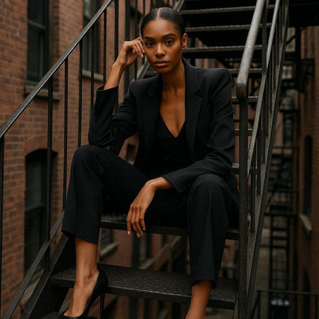 Fashionable young african american woman in black suit sitting on stairs.の写真素材